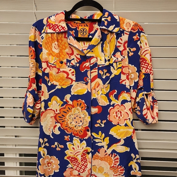 Tory Burch Blouse Womens Size 2 Stephanie Floral‎ Collared Button Up Silk - Picture 1 of 8